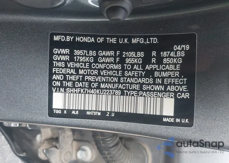 2019 Honda Civic Sport из США, поврежденный, VIN SHHFK7H40KU223789